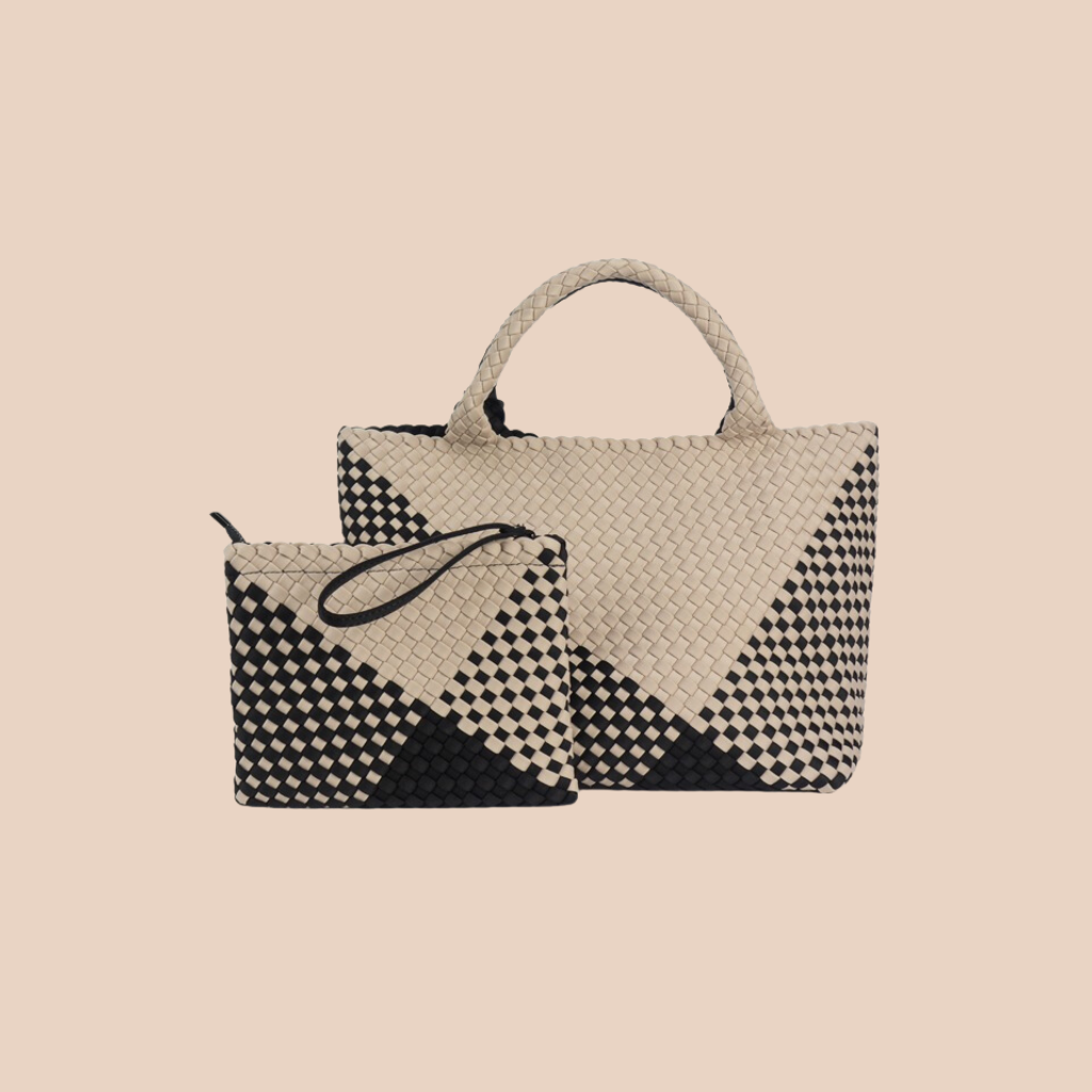 Woven Neoprene Large Tote - Beige/Black Irregular