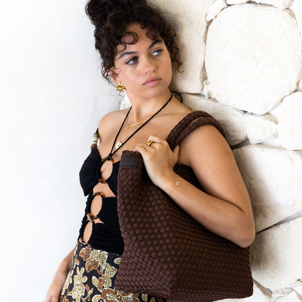 Woven Neoprene Shoulder Tote - Choc Brown