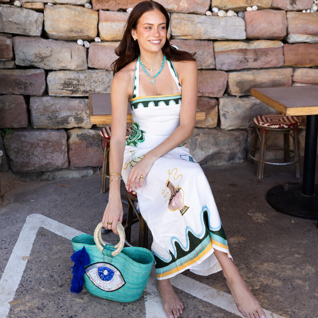 Woven Evil Eye Tote - Turquoise