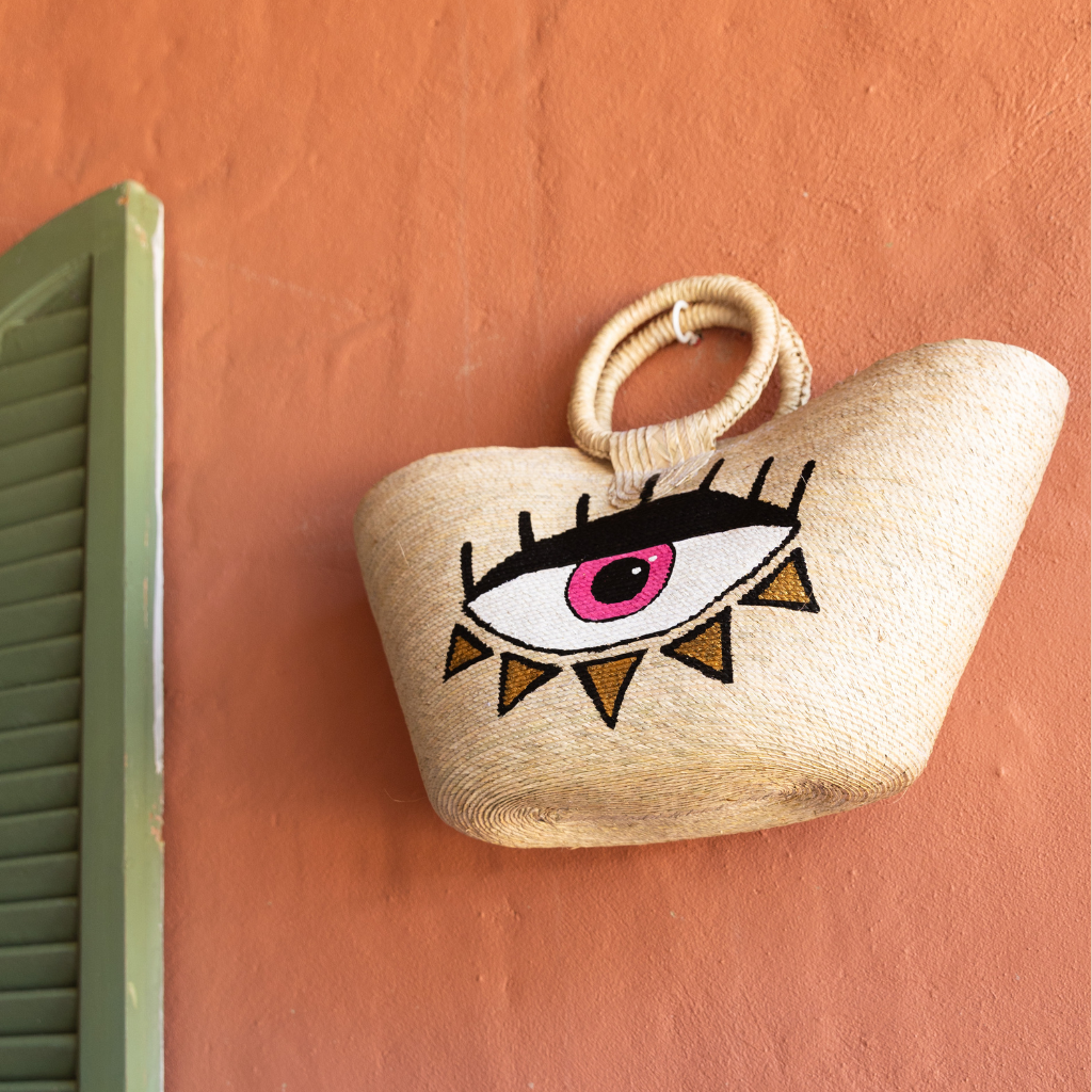 Woven Evil Eye Tote - Neutral