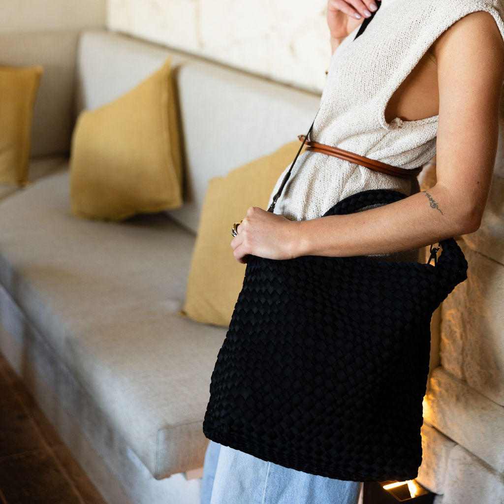 Woven Neoprene Shoulder Tote - Black
