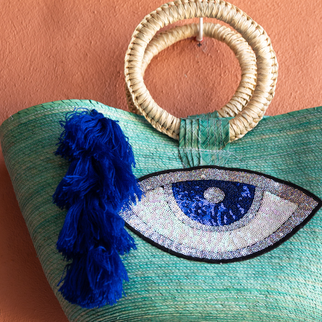 Woven Evil Eye Tote - Turquoise
