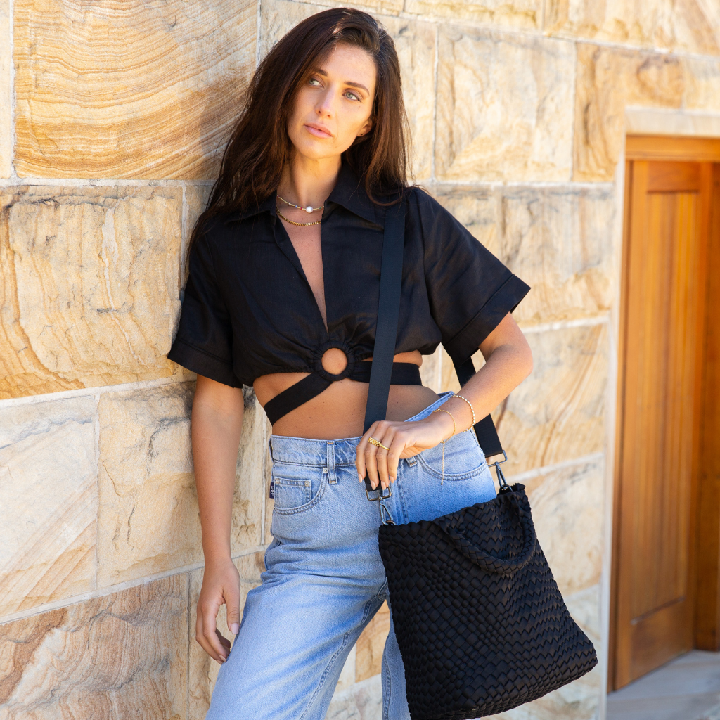 Woven Neoprene Shoulder Tote - Black