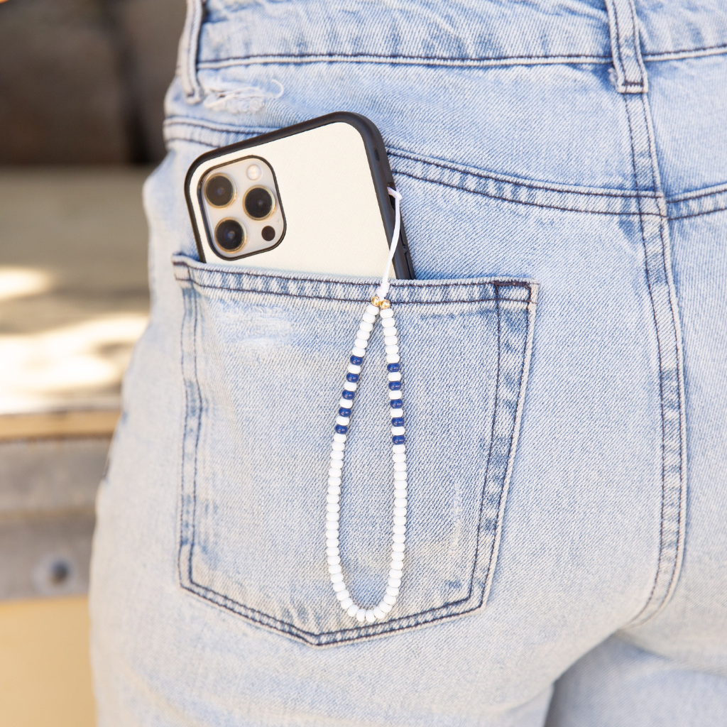 Mini Round Bead Phone Wristlet - White/Navy